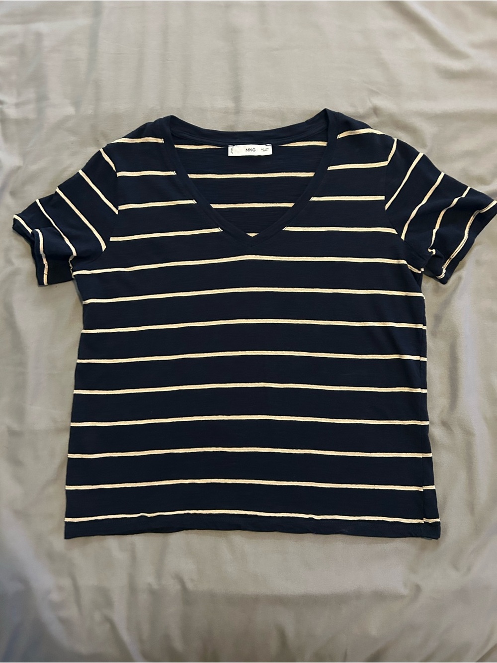 Mango Navy and Cream Striped V-Neck Tee